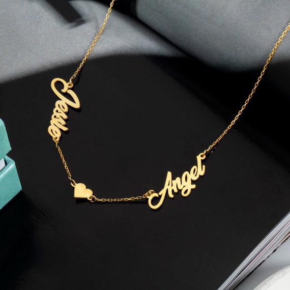 14k Gold Two Name Necklace, 2 Names Necklace, Custom Double Name Necklace, Family Name Necklace Gold, Couple Name Necklace, Gİft for Mom