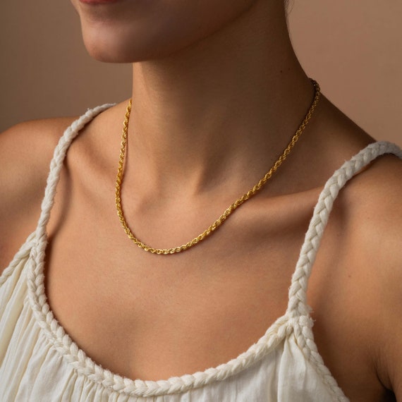 14K Gold Rope Chain Necklace, Twisted Rope Chain Necklace, Thick Rope Chain Necklace, Dainty Rope Chain Necklace for Women, Gifts for Her