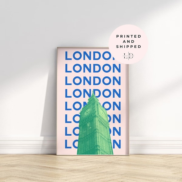 Preppy Travel, London City Travel Print, Blue Green London Travel Exhibition Print, Cute Trendy Wall Art