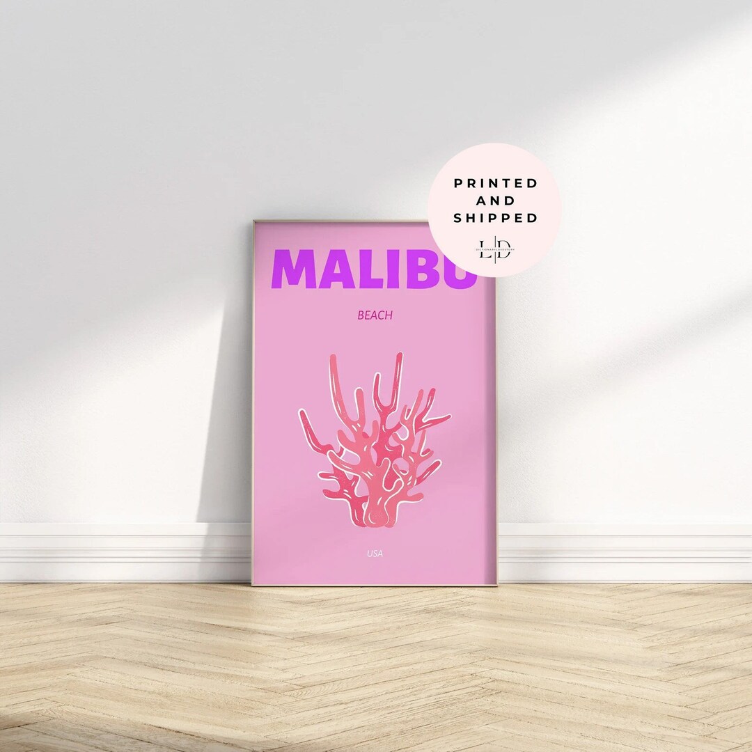 Malibu Beach, Preppy Beach Posters, Prints Pink Girly Wall Art Beachy