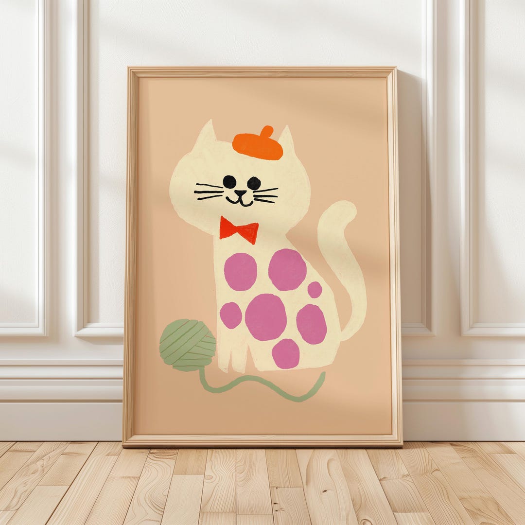 Vintage Cat Wall Art, Cute Kitten Illustration, Playful Retro Cat Print ...