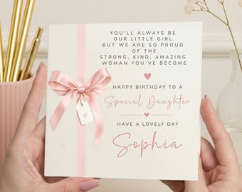 Personalised Daughter Birthday Card Pink Bow Design Custom Name Elegant Keepsake Card Any Age Birthday Gift for Her