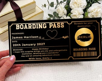 Personalized Boarding Pass Gift, Scratch Off Travel Ticket, Surprise Trip Reveal, Printed Gift Voucher, Birthday Travel Gift