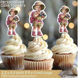 Safari Explorer gepersonaliseerde gezicht cupcake toppers, safari cupcake toppers, cupcake toppers safari, ontdekkingsreiziger meisje cupcake toppers gezicht