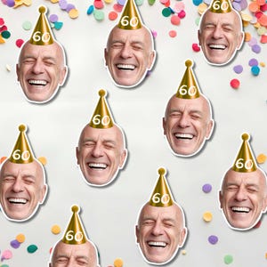 May include: Multiple cutouts of a smiling person's face, each wearing a gold party hat with the number 60 printed in white. The cutouts are arranged against a background scattered with colourful confetti pieces in shades of pink, blue, and yellow.