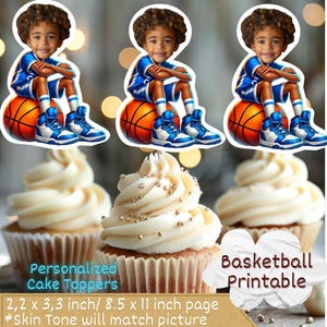 Basketball Personalized Face Cupcake Toppers, fbasketball cupcake toppers,cupcake toppers sports, Custom Face Cupcake Topper, black boy