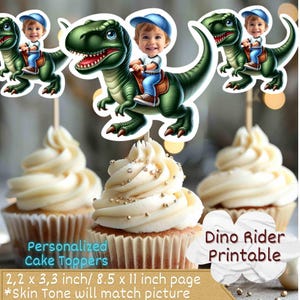 Tyrannosaurus Personalized Face Cupcake Toppers, Trex Cupcake Toppers, Dinosaur Rider Personalized Face Cupcake Toppers