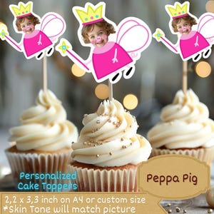 Adornos personalizados para cupcakes con cara de cerdo rosa, decoración personalizada para fiestas de cerdos de dibujos animados, adorno para cupcakes con cara, adorno para cupcakes con foto, hada de cerdo