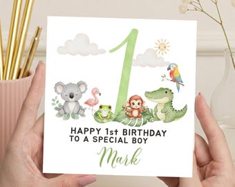 Personalised 1st Birthday Card Jungle Animals Baby Boy Card Custom Name First Birthday Keepsake, Any Relation: Son, Brother, Nephew, Cousin