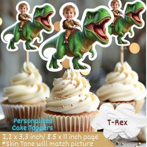Dinosaur Face Cupcake Toppers,T-rex cake topper,Personalized Dinosaur Photo Cupcake Toppers, T-Rex Party, Dinosaur Birthday Decor