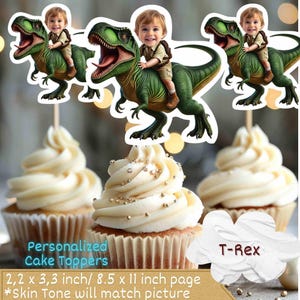Dinosaur Face Cupcake Toppers,T-rex cake topper,Personalized Dinosaur Photo Cupcake Toppers, T-Rex Party, Dinosaur Birthday Decor