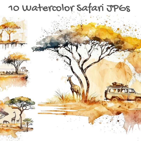 10 Afrikaanse safari landschap, hoge kwaliteit JPG's, aquarel clipart, commercieel gebruik, digitale download, kaart maken, illustraties, afdrukbare kunst