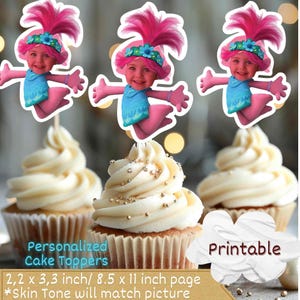 Mohn inspiriert personalisierte Gesicht Cupcake Toppers, Troll Cupcake Toppers, Troll Cake Topper, Troll Poppy Cake Topper