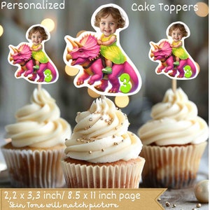 Girl Dinosaur Personalized Face Cupcake Toppers,dinosaurs cupcake toppers,dino cupcake toppers,cupcake toppers dino,dinosaur cupcake toppers