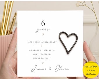 Personalised 6th Iron Anniversary Card, Traditional Sixth Wedding Anniversary Gift with Heart Design