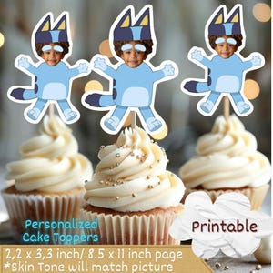 Bluey geïnspireerde gepersonaliseerde cupcake toppers voor gezicht, blauwachtig geïnspireerde cupcake topper, blauwachtig geïnspireerde cupcake toppers, blauwachtige cupcake toppers, blauw png