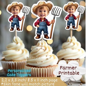 Toppers per cupcake con volto di contadino personalizzati, topper per cupcake a forma di contadino, topper per torta a forma di contadino, topper per cupcake a forma di contadino, topper per cupcake a forma di fattoria