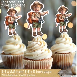 Toppers per cupcake con viso personalizzato Safari Explorer, topper per cupcake safari, topper per cupcake safari, topper per cupcake explorer