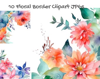 10 Floral Border Clipart, High Quality JPGs, Watercolor Clipart, Commercial Use, Digital Download, Card Making,Clip Art, Digital Craft