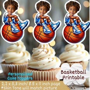Basketball Personalized Face Cupcake Toppers, fbasketball cupcake toppers,cupcake toppers sports, Custom Face Cupcake Topper, black boy