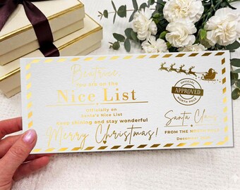 Personalised Santa Nice List Card, Gold Foil Christmas Certificate, Custom Name Voucher, Luxury Kids Christmas Gift, North Pole Approved