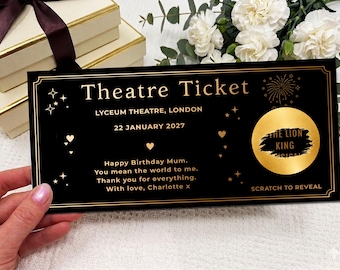 Entrada de teatro personalizada, regalo con tarjeta rasca y gana, regalo de cumpleaños para mamá, bono de experiencia de lujo Gold, sorpresa impresa del espectáculo