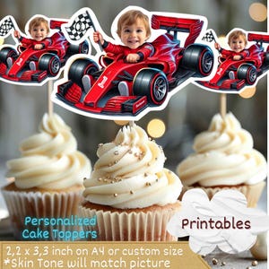 Race Car Photo Cupcake Toppers Personalized,Boy Face Red Car Toppers,Racing Birthday Party Decor, racecar cupcake toppers,car cupcake topper