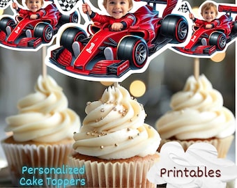 Race Car Photo Cupcake Toppers Personalized,Boy Face Red Car Toppers,Racing Birthday Party Decor, racecar cupcake toppers,car cupcake topper