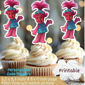 Mohn inspiriert personalisierte Gesicht Cupcake Toppers, Troll Cupcake Toppers, Troll Cake Topper, Troll Poppy Cake Topper