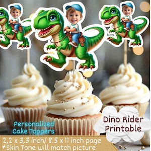 Tyrannosaurus Personalized Face Cupcake Toppers, Trex Cupcake Toppers, Dinosaur Rider Personalized Face Cupcake Toppers