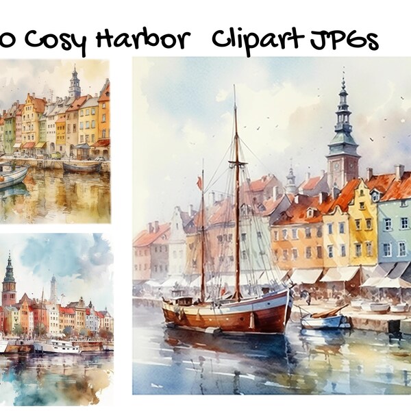 10 Cosy Harbor Clipart, Harbour Clipart, High Quality JPGs, Watercolor Clipart, Commercial Use, Digital Download,Clip Art