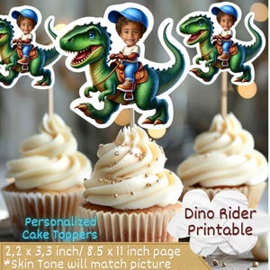 Tyrannosaurus Personalized Face Cupcake Toppers, Trex Cupcake Toppers, Dinosaur Rider Personalized Face Cupcake Toppers