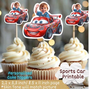 Lightning McQueen Inspired Personalized Face Cupcake Toppers, Custom Face Cupcake Topper, cupcake toppers face