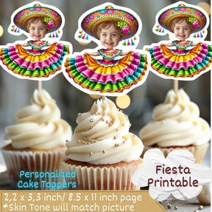 Fiesta Sombrero Personalized Face Cupcake Toppers, sombrero cupcake toppers, Custom Face Cupcake Topper,cupcake toppers face, Girl fiesta