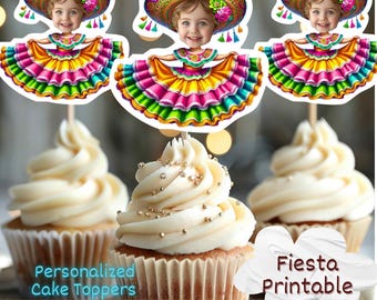 Fiesta Sombrero Personalized Face Cupcake Toppers, sombrero cupcake toppers, Custom Face Cupcake Topper,cupcake toppers face, Girl fiesta
