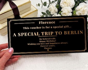 Personalised Trip Reveal Gift Card, Gold Foil Voucher, Custom Travel Gift, Surprise Holiday Ticket, Romantic Gift for Her