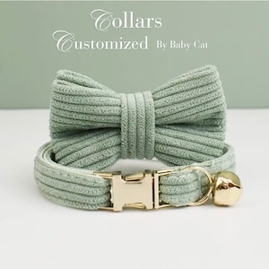 Personalized cat & small dog collar bowtie leash set, custom engraved puppy name tag, gold bell, Handmade Luxury Cat Collar for Puppy Collar