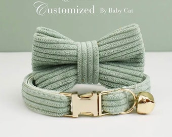 Personalized Corduroy Cat Collar Bowtie Leash Set, Engraved Name Tag