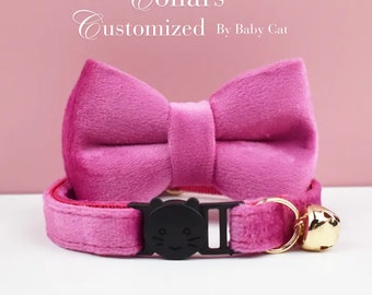 Personalized Pink Cat Collar with Bell, Custom Cat Collar Bow Tie, breakaway kitten collar, Adjustable Luxury Custom Cat Collar
