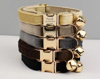 Personalized Velvet Cat Collar Leash Set: Engraved Gold Tag, Cat ID, Cat name tag, cat gift, cat collar and bow tie, white breakaway collar