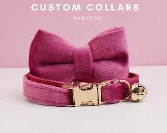 Collar de terciopelo personalizado para gato, pajarita y etiqueta con nombre grabado.
