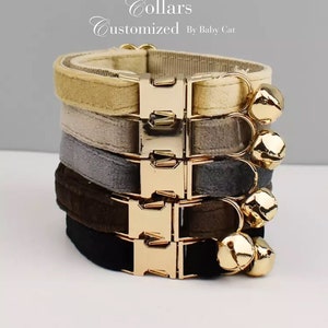 Personalized Cat Collar with Bell in Gold Hardware, Custom Kitten Collar Bell, Luxury Cat Collar, Velvet Cat Collar