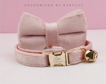 Personalized Velvet Cat Collar Bowtie Leash Set, Engraved Name, Gold Bell
