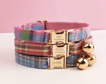 Luxury Plaid Cat Collar Bowtie For Birthday Gift, Personalized Cat Collar Bow for Cat Gift, Custom Plaid Kitten Collar with Name Engrave