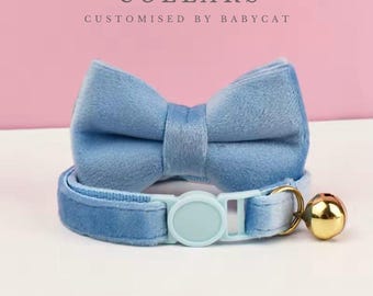 Dusty Pink Velvet Breakaway Cat Collar: Engraved Tag, Bell & Bowtie