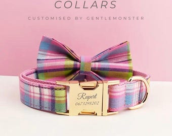 Personalized Pink Tartan Dog Collar and Leash Set with Bowtie | Custom Engraved Dog Collar | Handmade  Puppy Collar | Matching Pet Walk Set