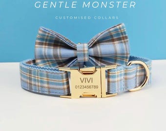 Conjunto personalizado de coleira e guia para cães em xadrez escocês, com gravata borboleta, placa de identificação gravada, coleira ajustável para filhotes, presente para animais de estimação.