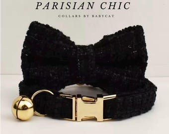 Tweed Cat Collar Bowtie: Personalized Plaid Kitten Collar, Engraved Name
