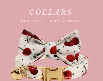 Personalized floral cherry cat collar, Floral kitten collar, bowtie leash set, custom engraved puppy name tag, flower kitten collar