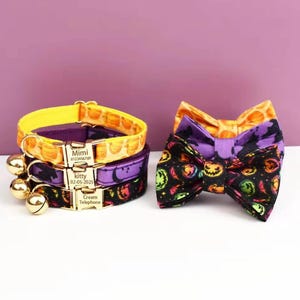 Set composto da collare e guinzaglio per gatti a forma di zucca fantasma di Halloween con papillon, pettorina per gatti, targhetta personalizzata con nome inciso, collare regolabile, regalo per animali domestici, identificazione per gatti